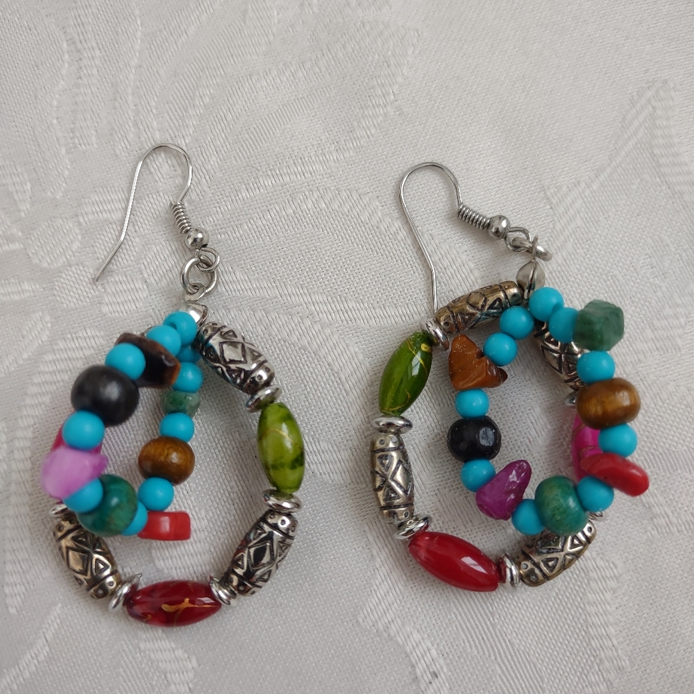 Multi Color Gems Silver Hoops Drop Dangle Earrings